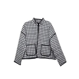 Katydid Gingham Quilted Puffer Jacket Black White Cropped Cozy Sz M